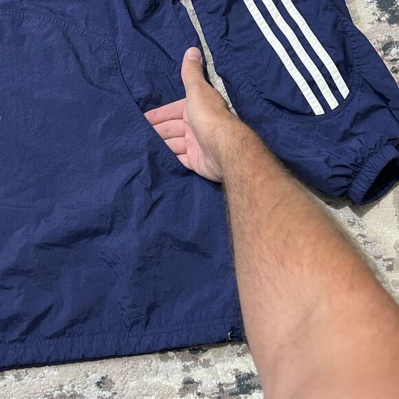 Vintage ADIDAS Pullover Men Anorak Jacket Windbreaker Navy Hood XL Stripes Lined - Picture 9 of 11